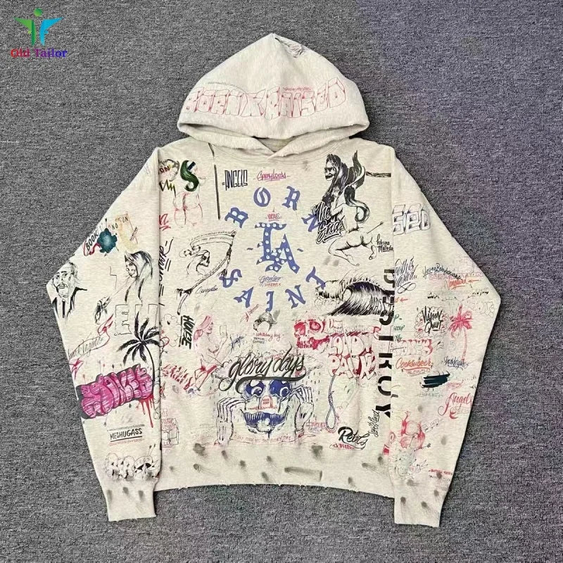 Multi Color Heavy Weight Saint Distressed Zip Up Hoodie