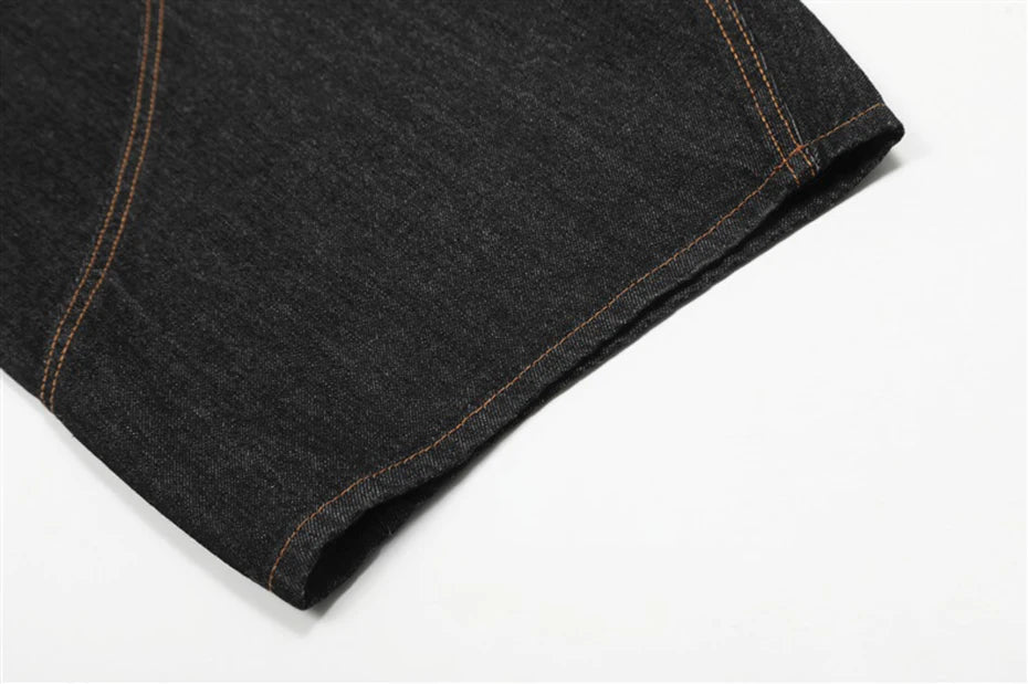 Wide Leg Black Denim Stitch Baggy Jeans