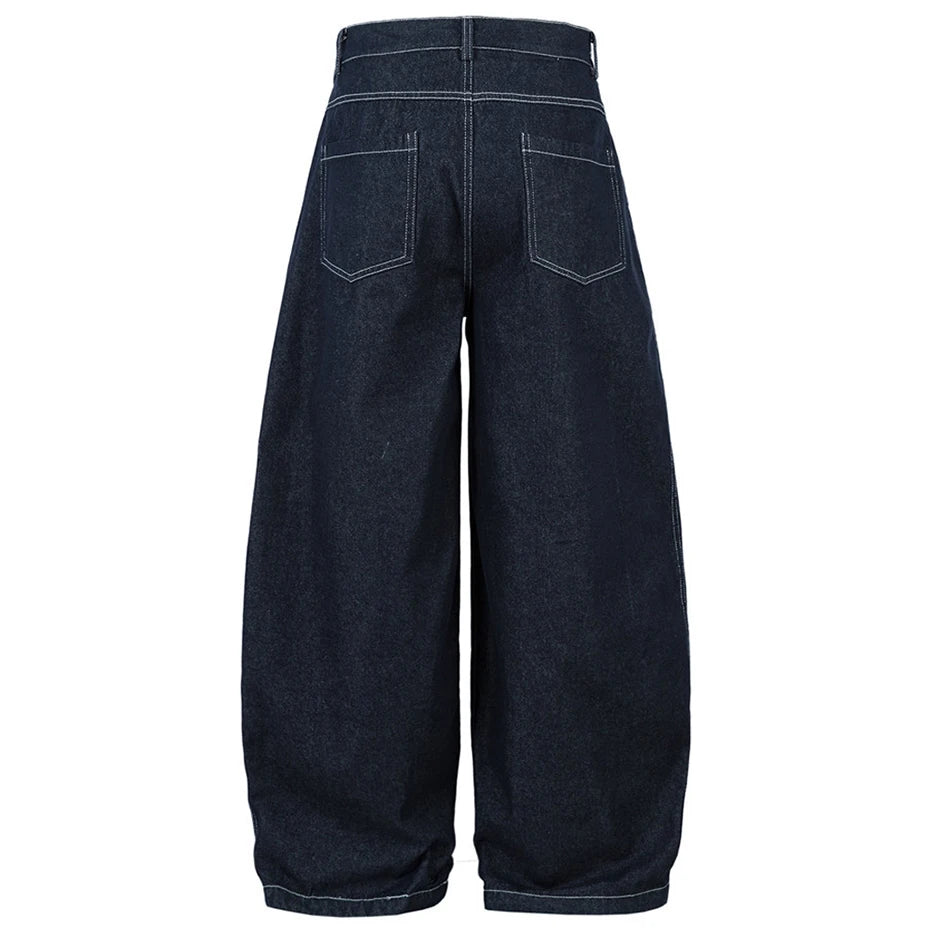 Pleated Dark Blue Denim Wide Leg Baggy Jeans
