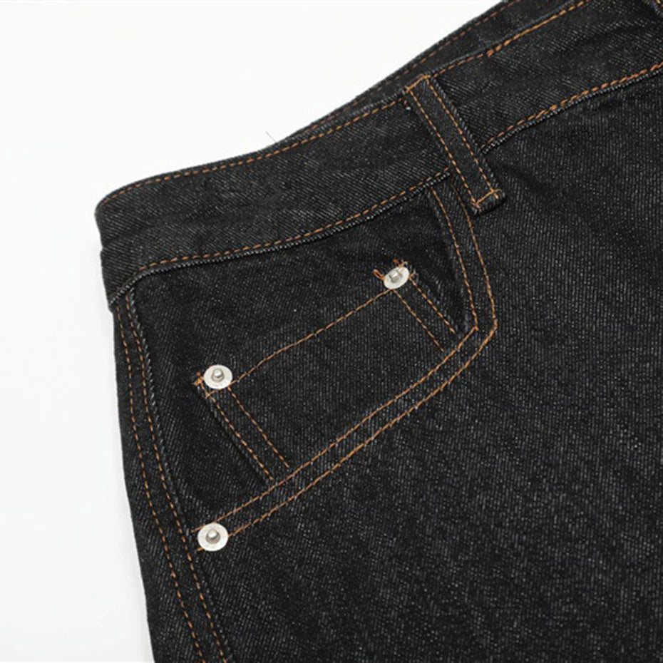 Wide Leg Black Denim Stitch Baggy Jeans