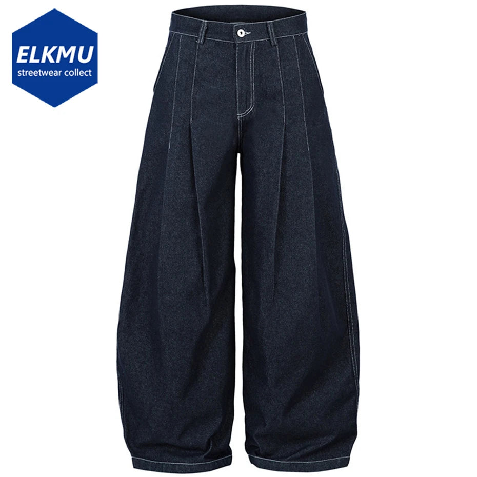 Pleated Dark Blue Denim Wide Leg Baggy Jeans