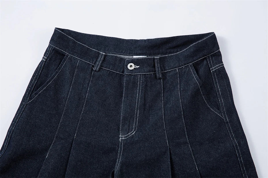 Pleated Dark Blue Denim Wide Leg Baggy Jeans