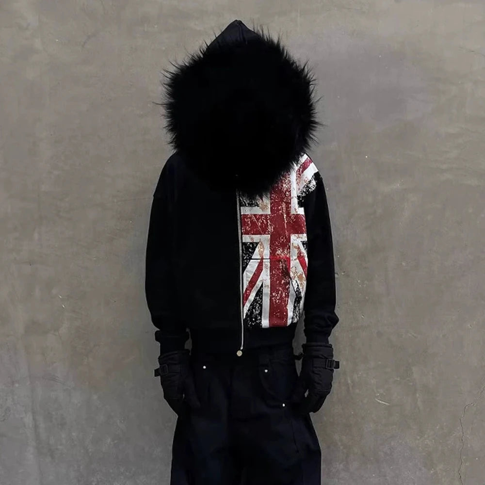 Black UK Fur Zip Up Hoodie
