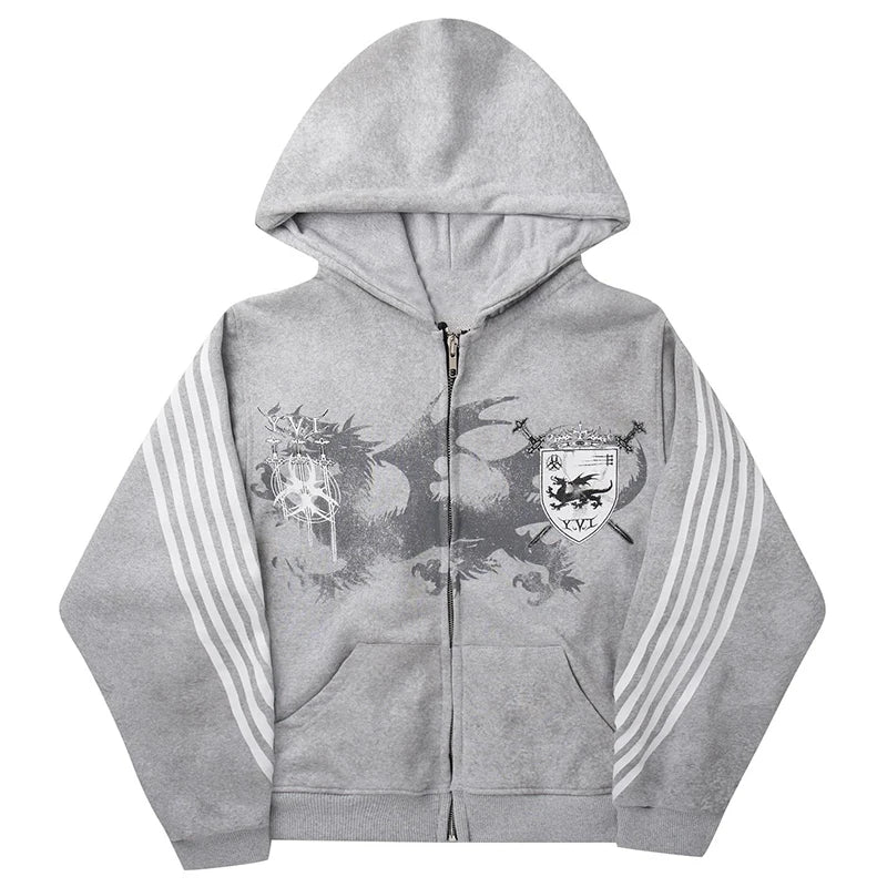 Gothic Vintage Striped Graphic Light Wash Zip Up Hoodie