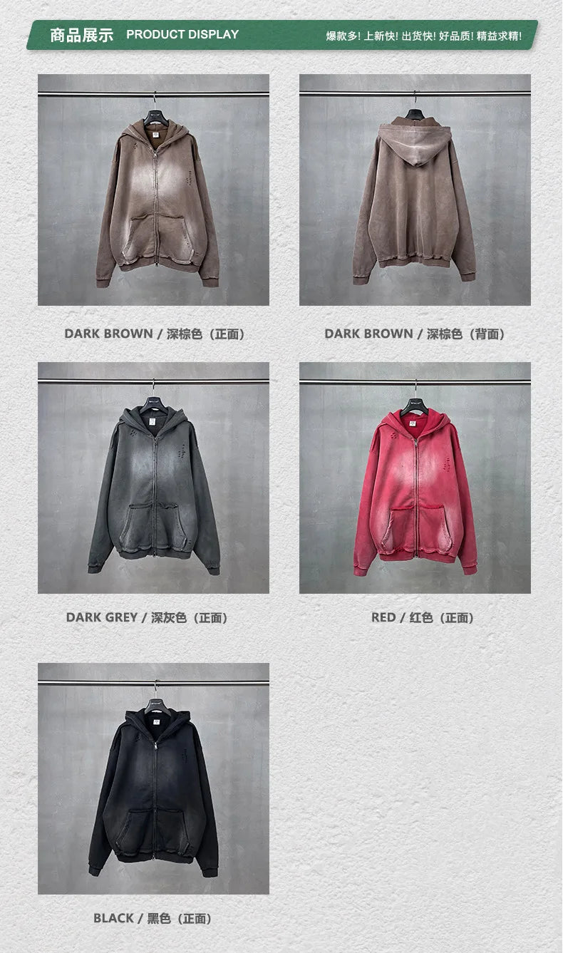 Y2K Multi Color Distressed Medium Wash Vintage Zip Up Hoodie