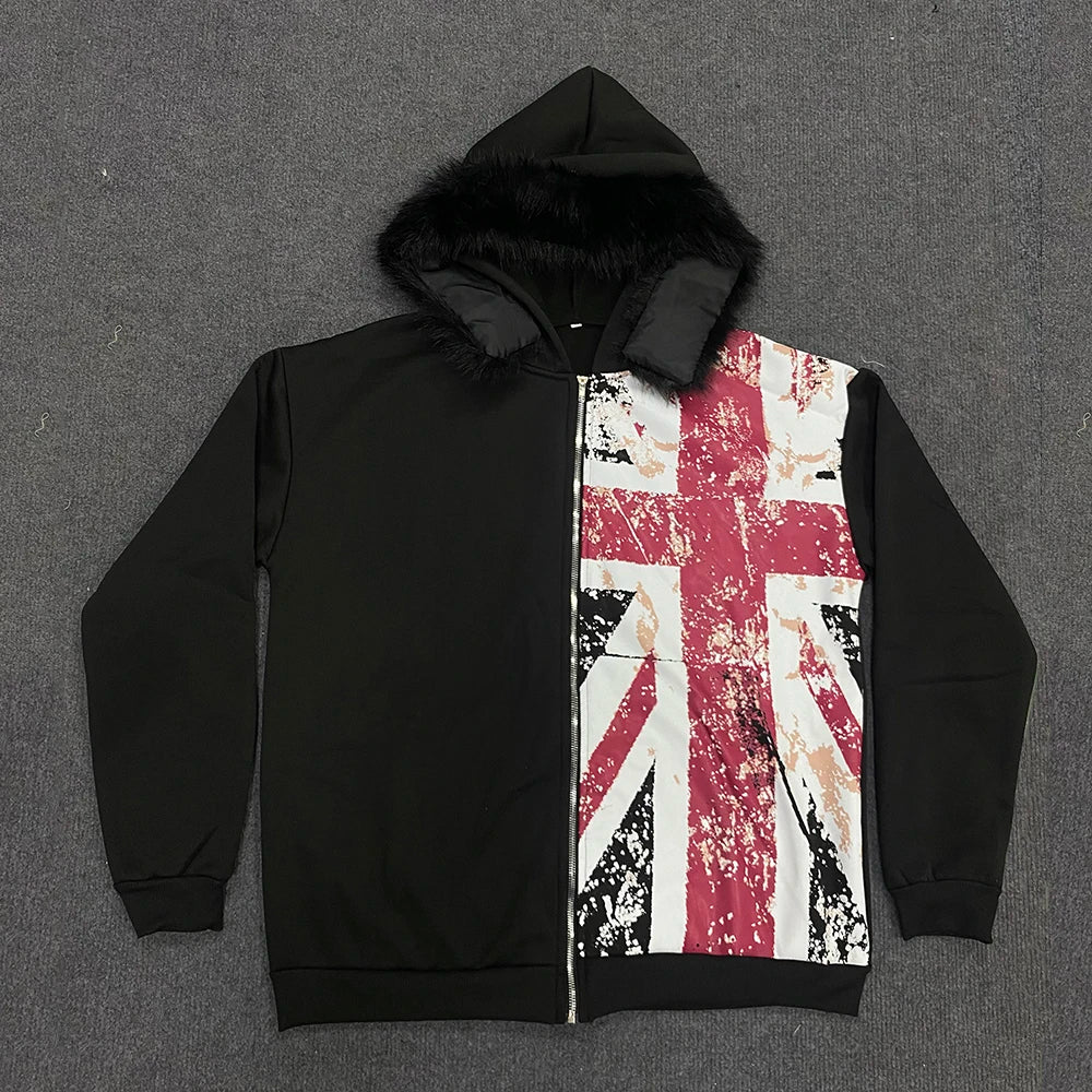Black UK Fur Zip Up Hoodie