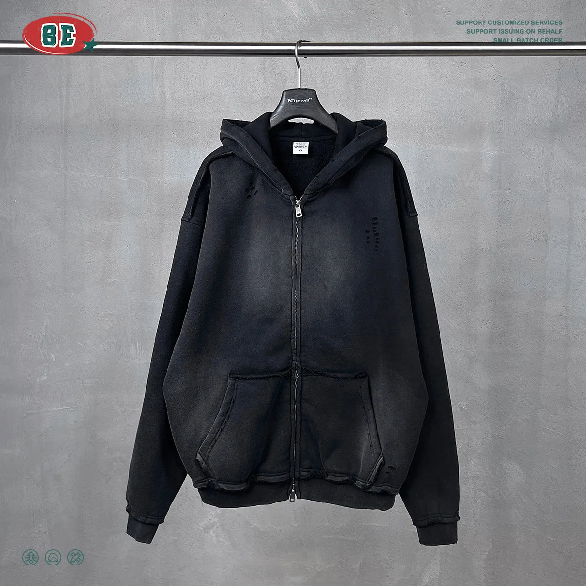 Y2K Multi Color Distressed Medium Wash Vintage Zip Up Hoodie