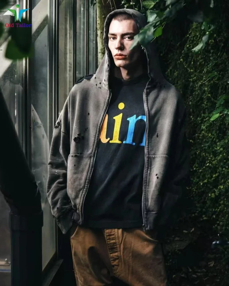 Multi Color Heavy Weight Saint Distressed Zip Up Hoodie