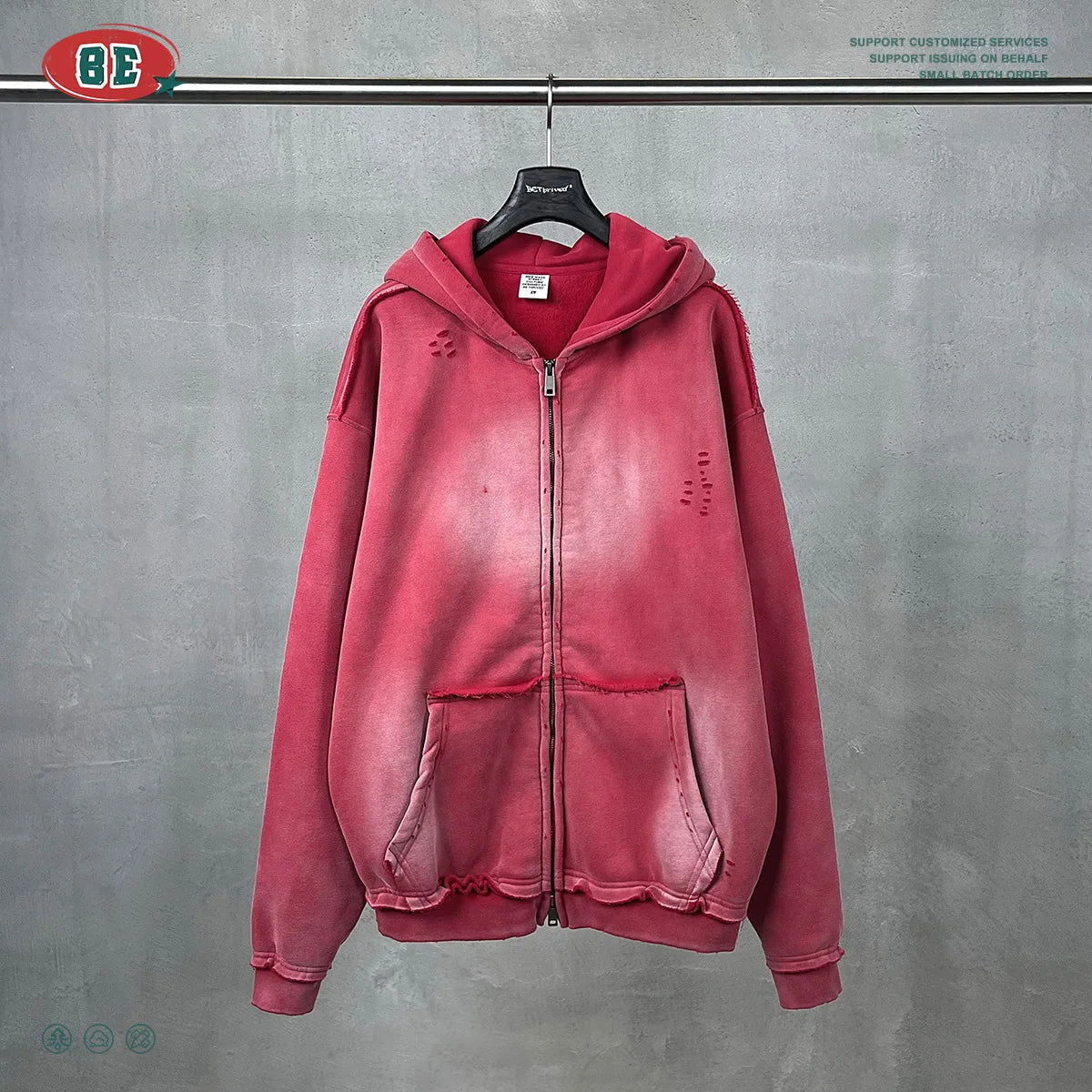 Y2K Multi Color Distressed Medium Wash Vintage Zip Up Hoodie