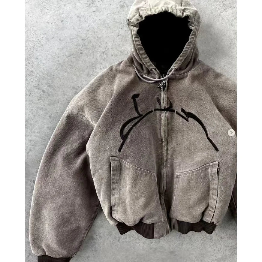 Street Sle Medium Wash Y2K Zip Up Hoodie