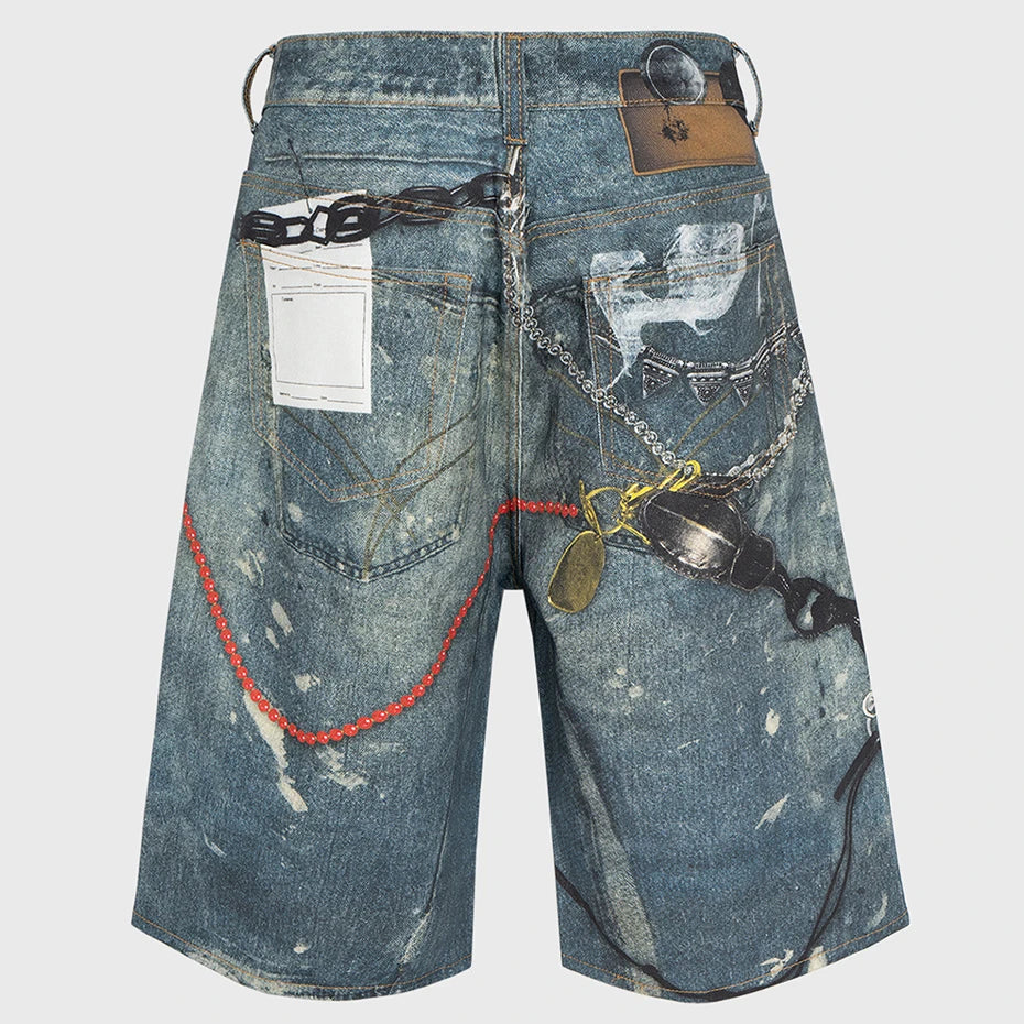 Keychain Themed Medium Wash Baggy Jorts