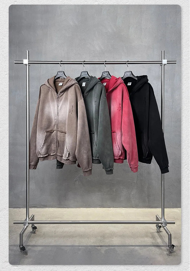Y2K Multi Color Distressed Medium Wash Vintage Zip Up Hoodie