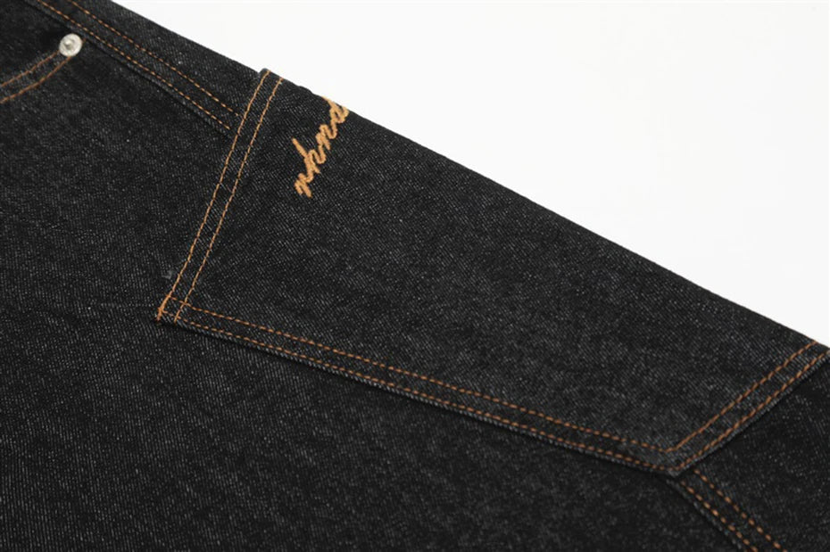 Wide Leg Black Denim Stitch Baggy Jeans