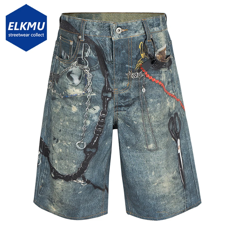 Keychain Themed Medium Wash Baggy Jorts