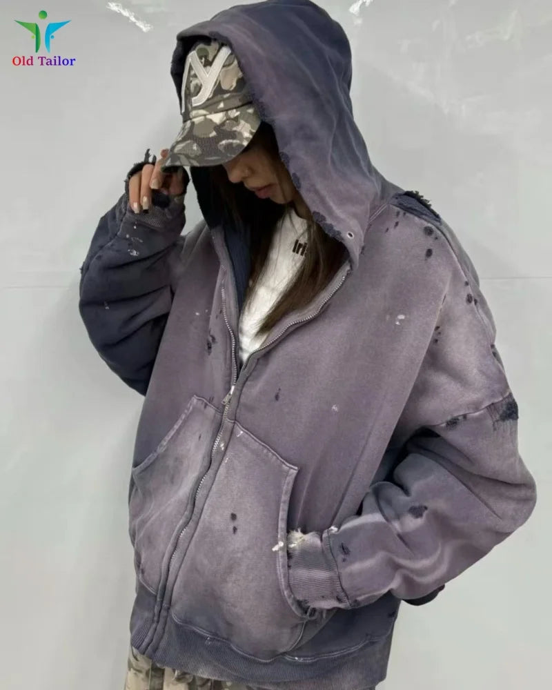Multi Color Heavy Weight Saint Distressed Zip Up Hoodie