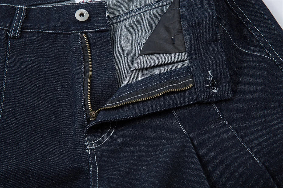 Pleated Dark Blue Denim Wide Leg Baggy Jeans